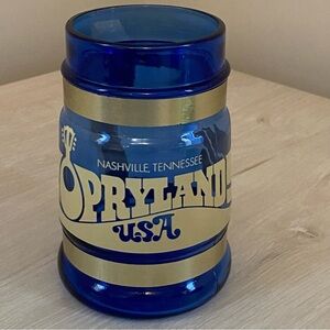 Vintage Opryland USA Blue Glass Mug With Wood Handle Nashville Souvenir VTG